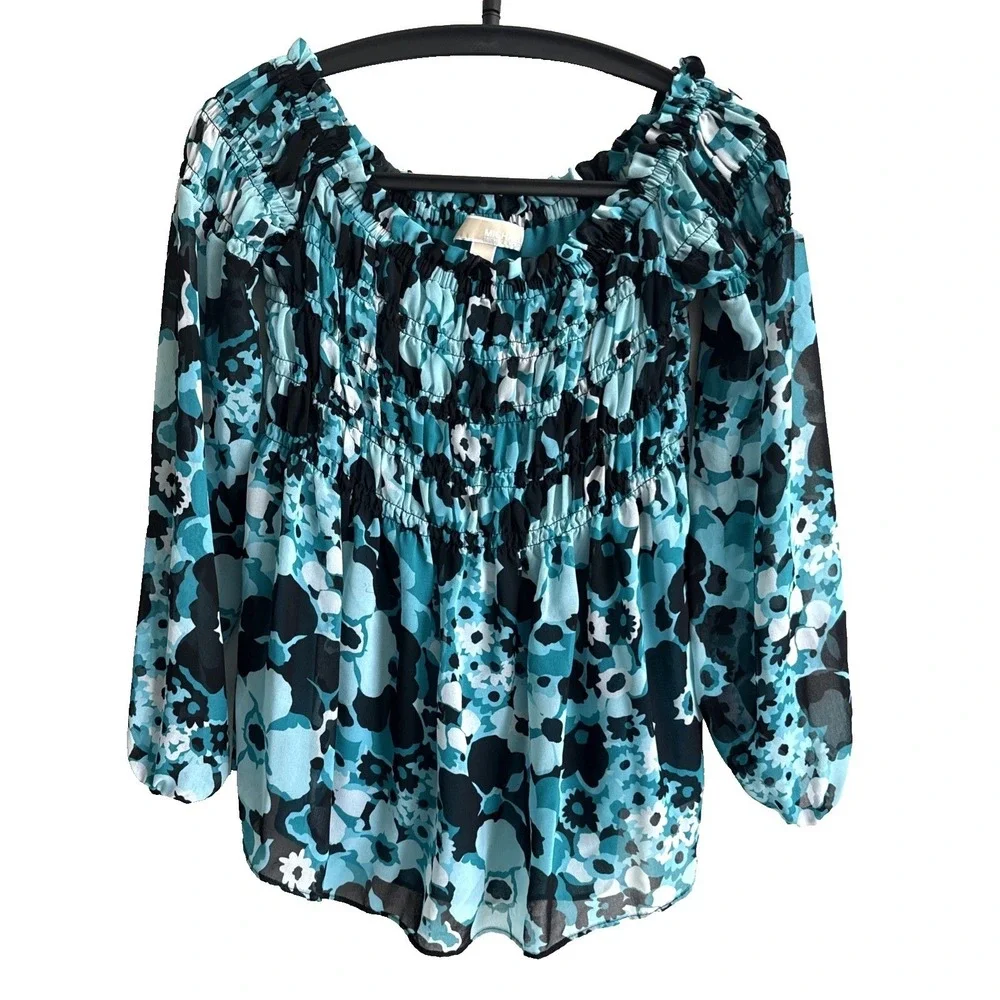 Michael Kors Y2K Blue Ruched Top M Long Sleeve Floral Fairy Boho Festival